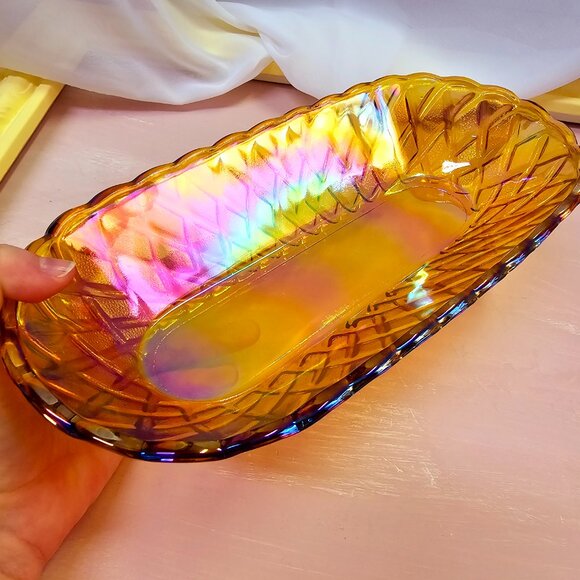 Indiana Glass Iridescent Amber Pretzel, Celery, Bread, Serving Dish, Carnival - Picture 7 of 8